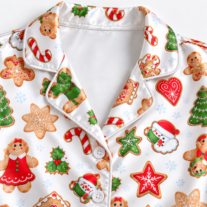 PJ-1648-Gingerbread Christmas Satin Pajama Set, Santa Snowman Christmas Tree Candy Cane Holiday Sleepwear