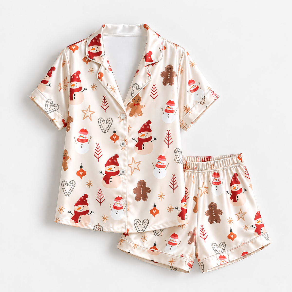 PJ-1651-Snowman Gingerbread Christmas Satin Pajama Set, Winter Star Holiday Festive Sleepwear