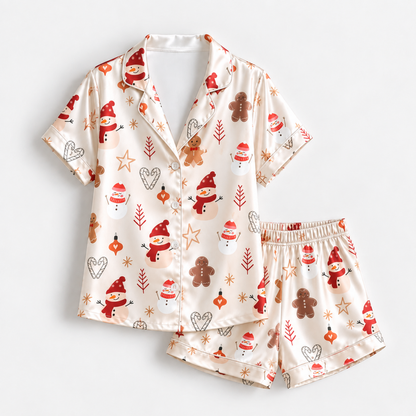 PJ-1651-Snowman Gingerbread Christmas Satin Pajama Set, Winter Star Holiday Festive Sleepwear