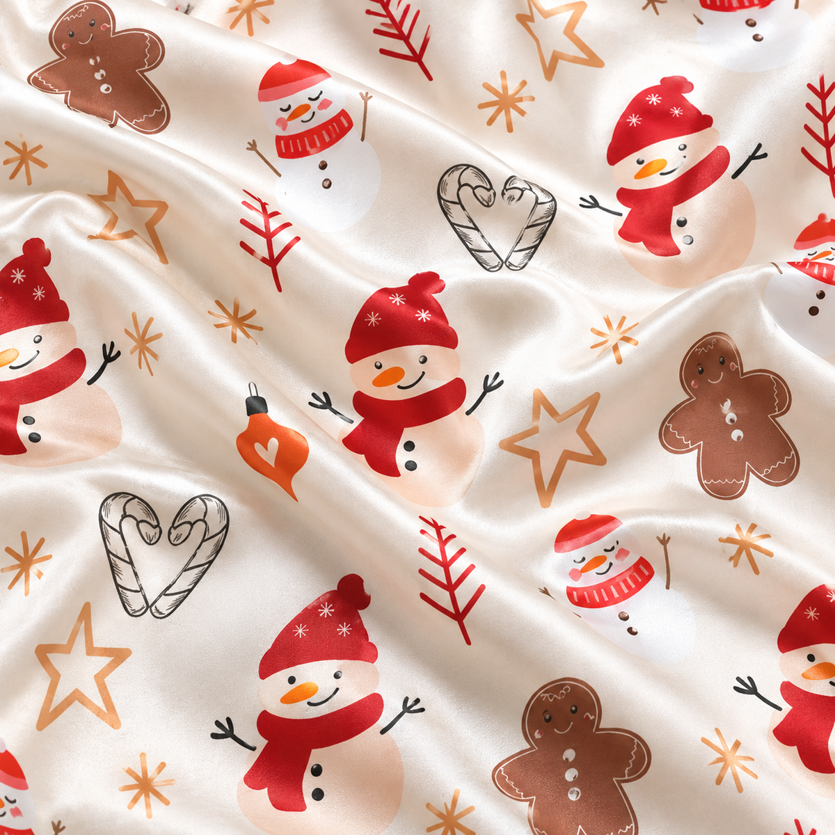 PJ-1651-Snowman Gingerbread Christmas Satin Pajama Set, Winter Star Holiday Festive Sleepwear