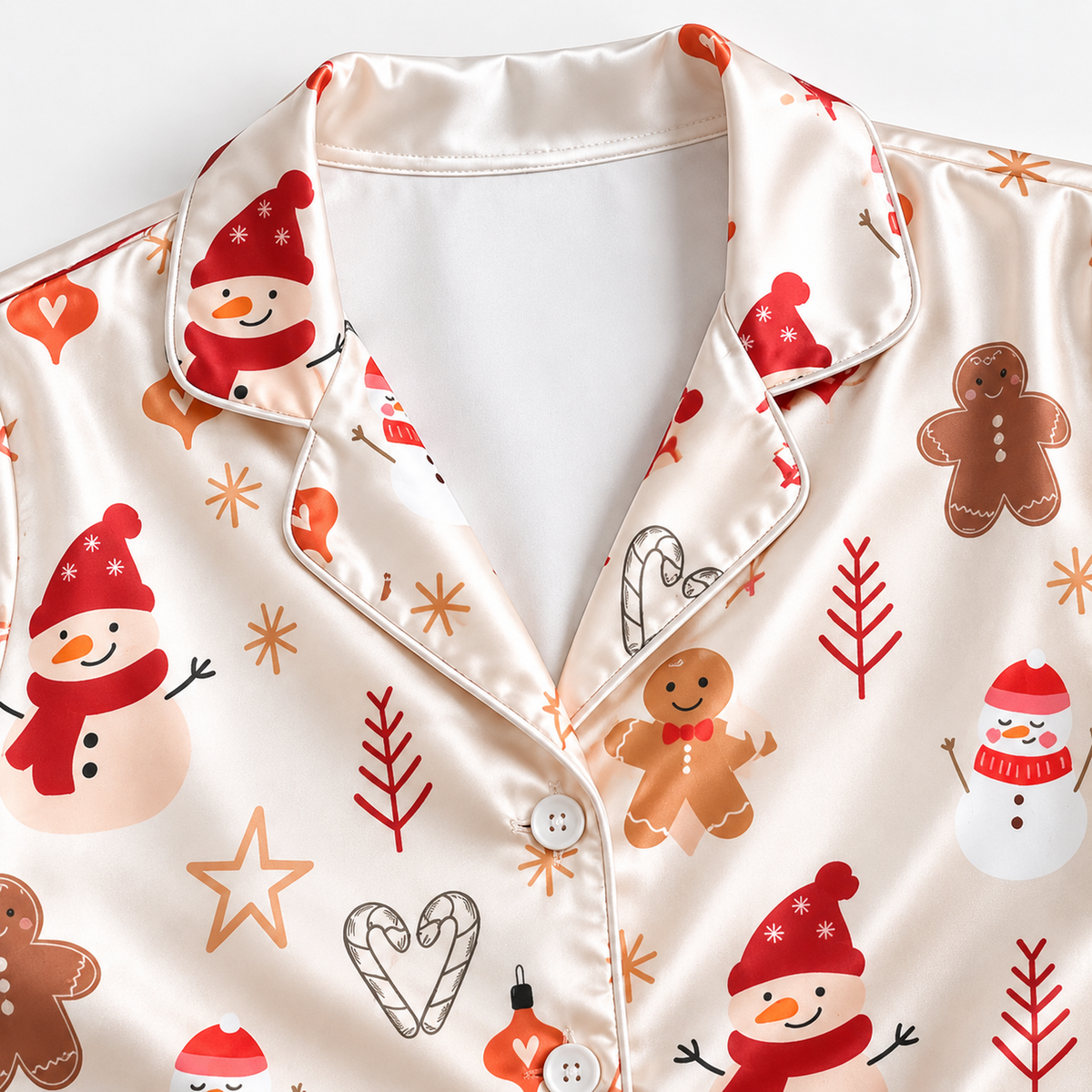 PJ-1651-Snowman Gingerbread Christmas Satin Pajama Set, Winter Star Holiday Festive Sleepwear
