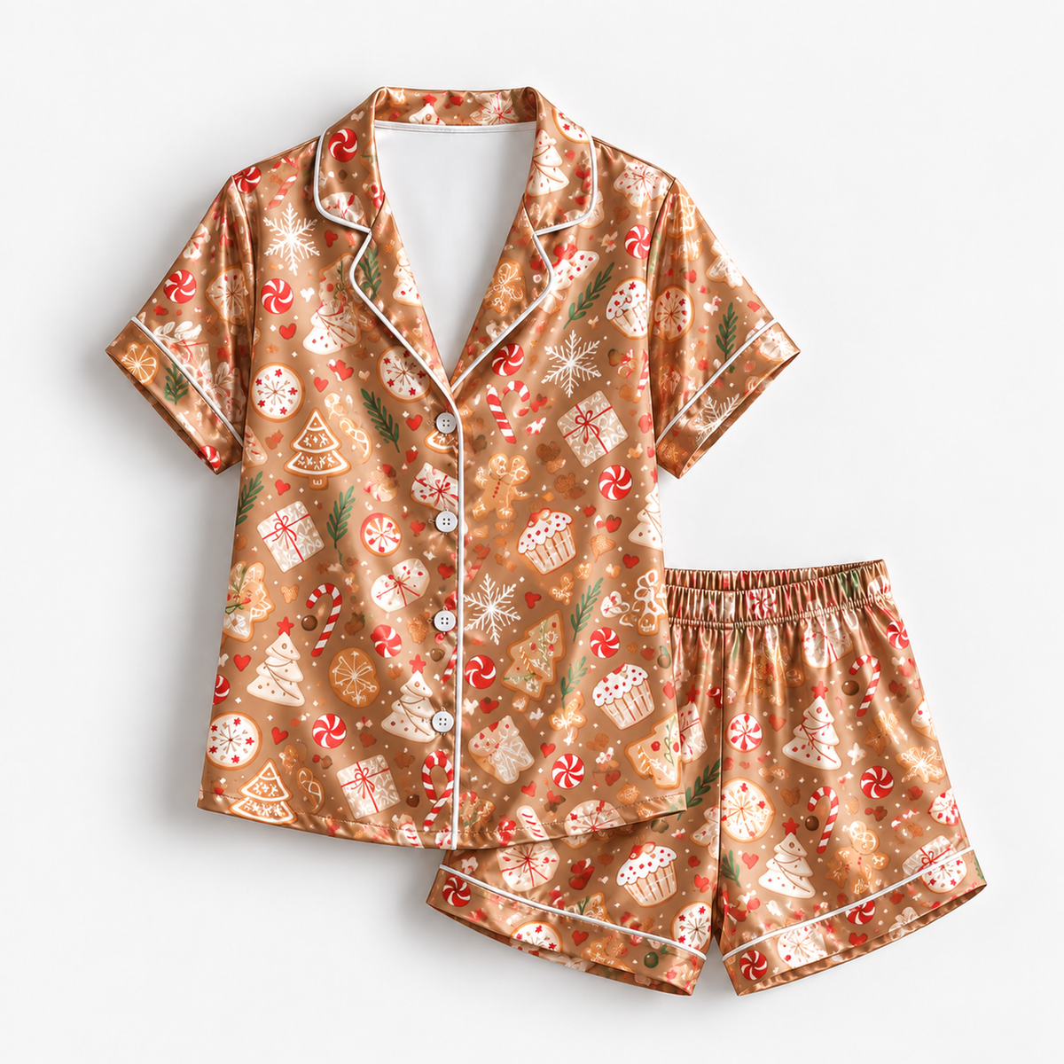 PJ-1652-Gingerbread Cookie Christmas Satin Pajama Set, Candy Cane Hot Cocoa Holiday Baking Sleepwear