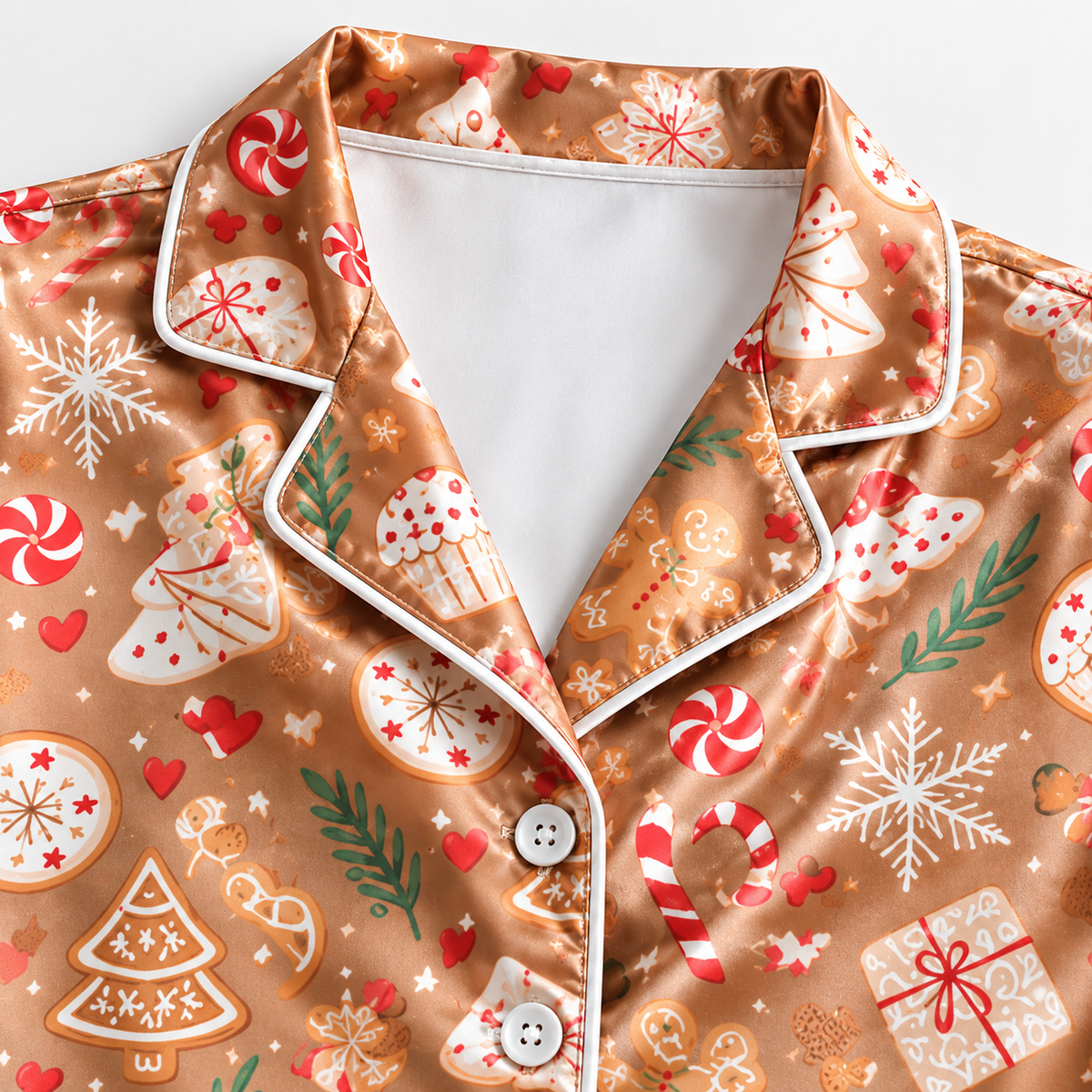PJ-1652-Gingerbread Cookie Christmas Satin Pajama Set, Candy Cane Hot Cocoa Holiday Baking Sleepwear