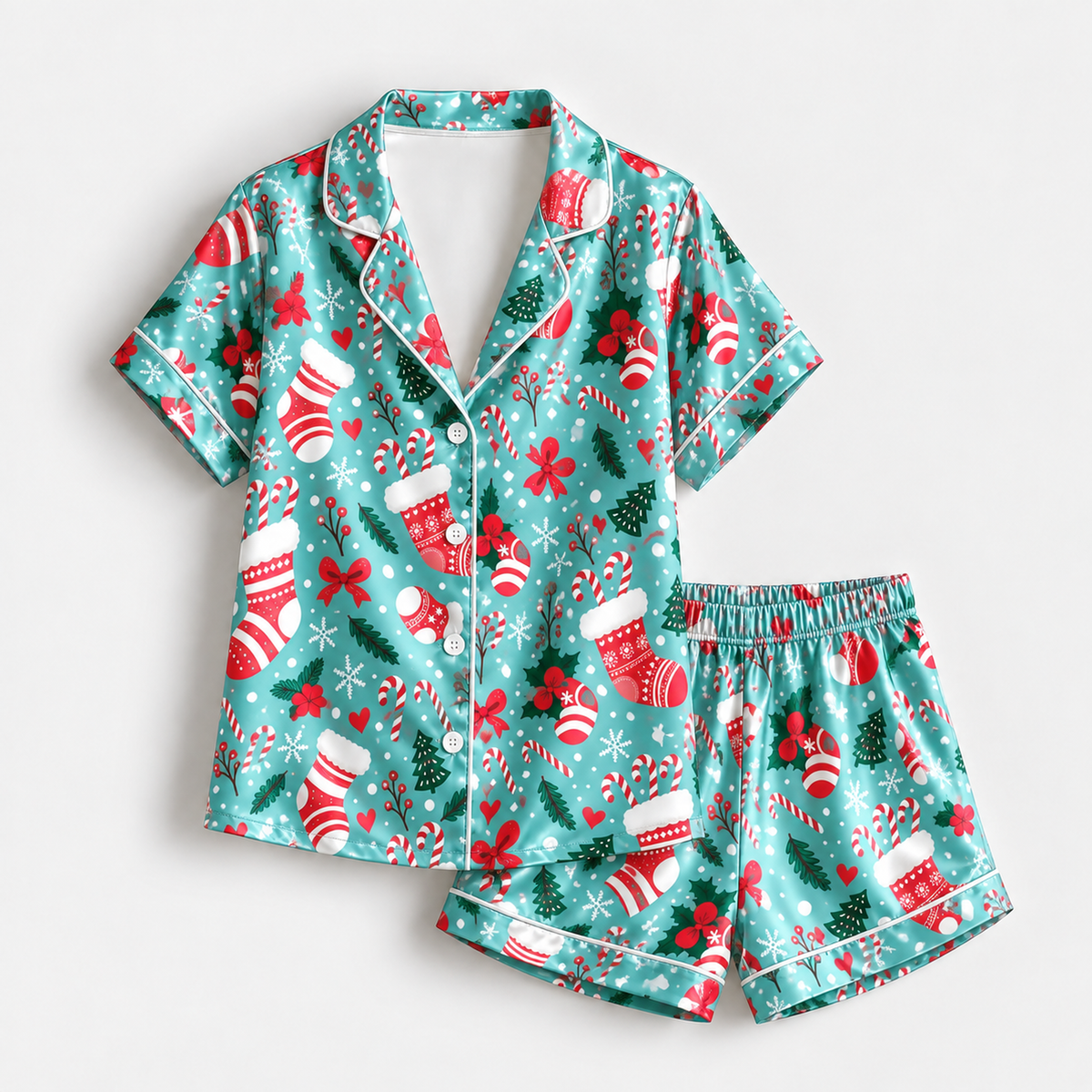 PJ-1653-Christmas Stocking Satin Pajama Set, Candy Cane Holly Christmas Tree Festive Holiday Sleepwear
