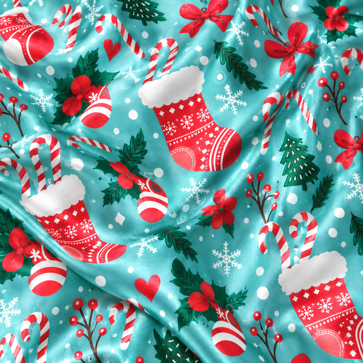 PJ-1653-Christmas Stocking Satin Pajama Set, Candy Cane Holly Christmas Tree Festive Holiday Sleepwear