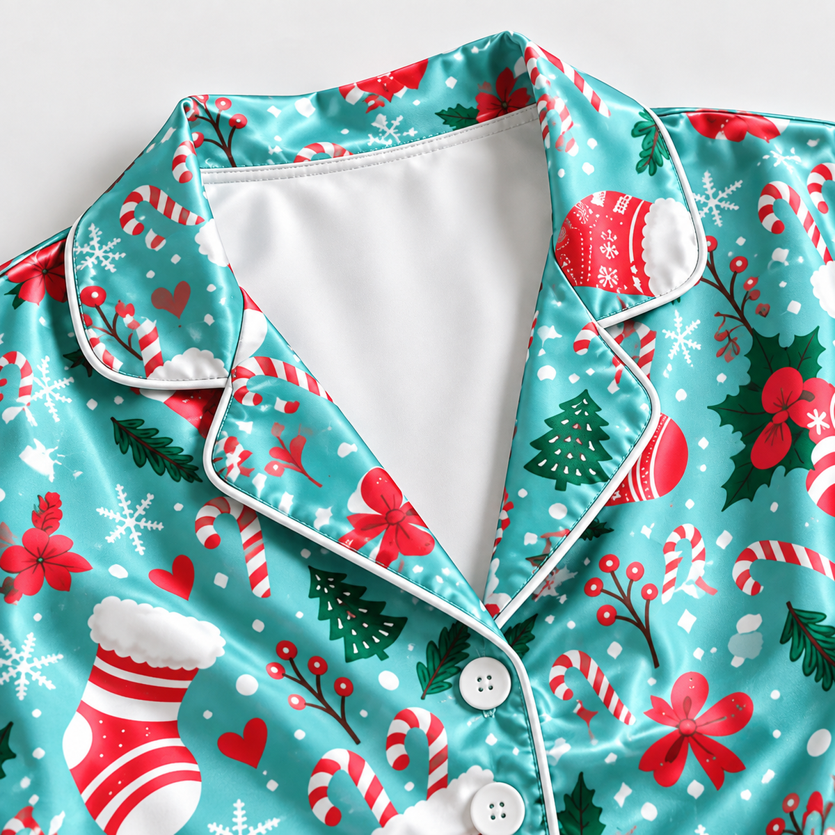PJ-1653-Christmas Stocking Satin Pajama Set, Candy Cane Holly Christmas Tree Festive Holiday Sleepwear