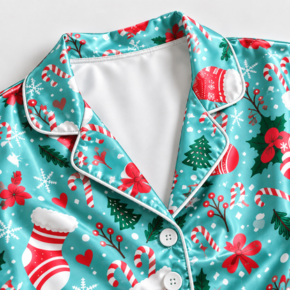 PJ-1653-Christmas Stocking Satin Pajama Set, Candy Cane Holly Christmas Tree Festive Holiday Sleepwear