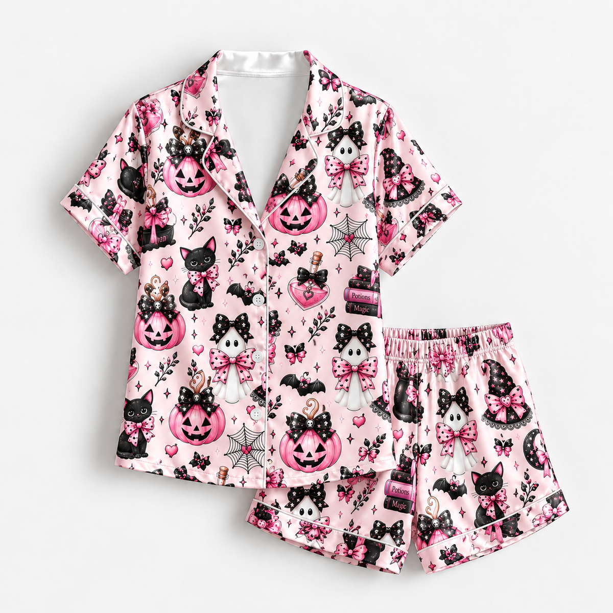 PJ-1654-Pink Spooky Halloween Satin Pajama Set, Black Cat Pumpkin Ghost Bow Witchy Cute Sleepwear