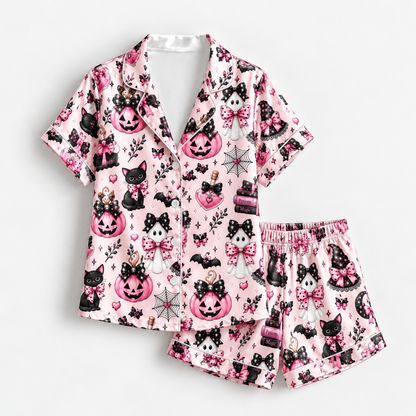 PJ-1654-Pink Spooky Halloween Satin Pajama Set, Black Cat Pumpkin Ghost Bow Witchy Cute Sleepwear