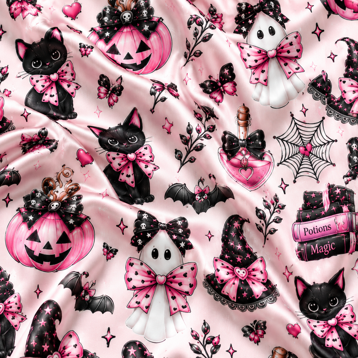 PJ-1654-Pink Spooky Halloween Satin Pajama Set, Black Cat Pumpkin Ghost Bow Witchy Cute Sleepwear