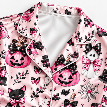 PJ-1654-Pink Spooky Halloween Satin Pajama Set, Black Cat Pumpkin Ghost Bow Witchy Cute Sleepwear