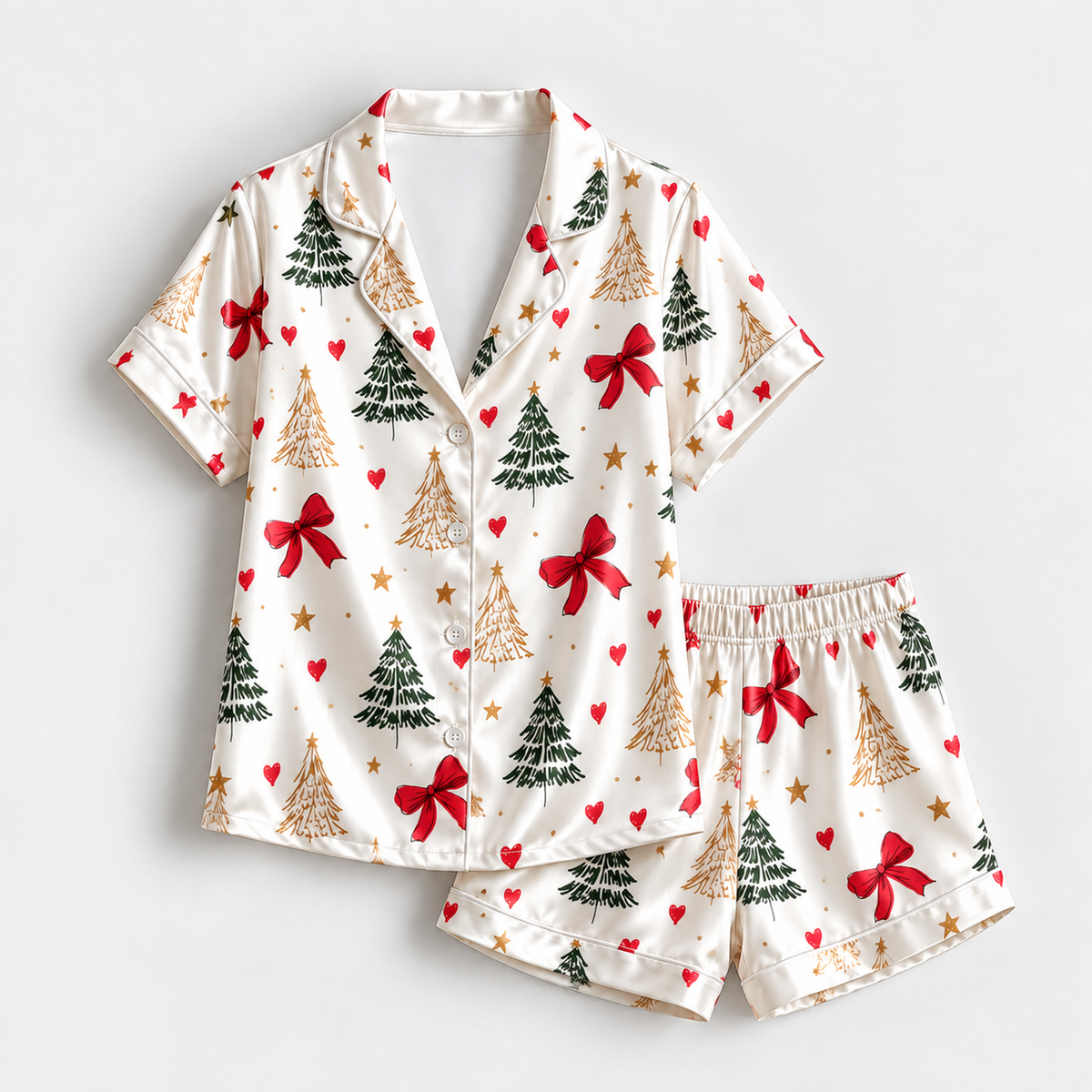 PJ-1655-Coquette Christmas Satin Pajama Set, Red Bow Christmas Tree Heart Festive Holiday Sleepwear