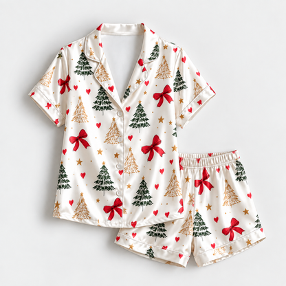 PJ-1655-Coquette Christmas Satin Pajama Set, Red Bow Christmas Tree Heart Festive Holiday Sleepwear