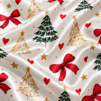 PJ-1655-Coquette Christmas Satin Pajama Set, Red Bow Christmas Tree Heart Festive Holiday Sleepwear