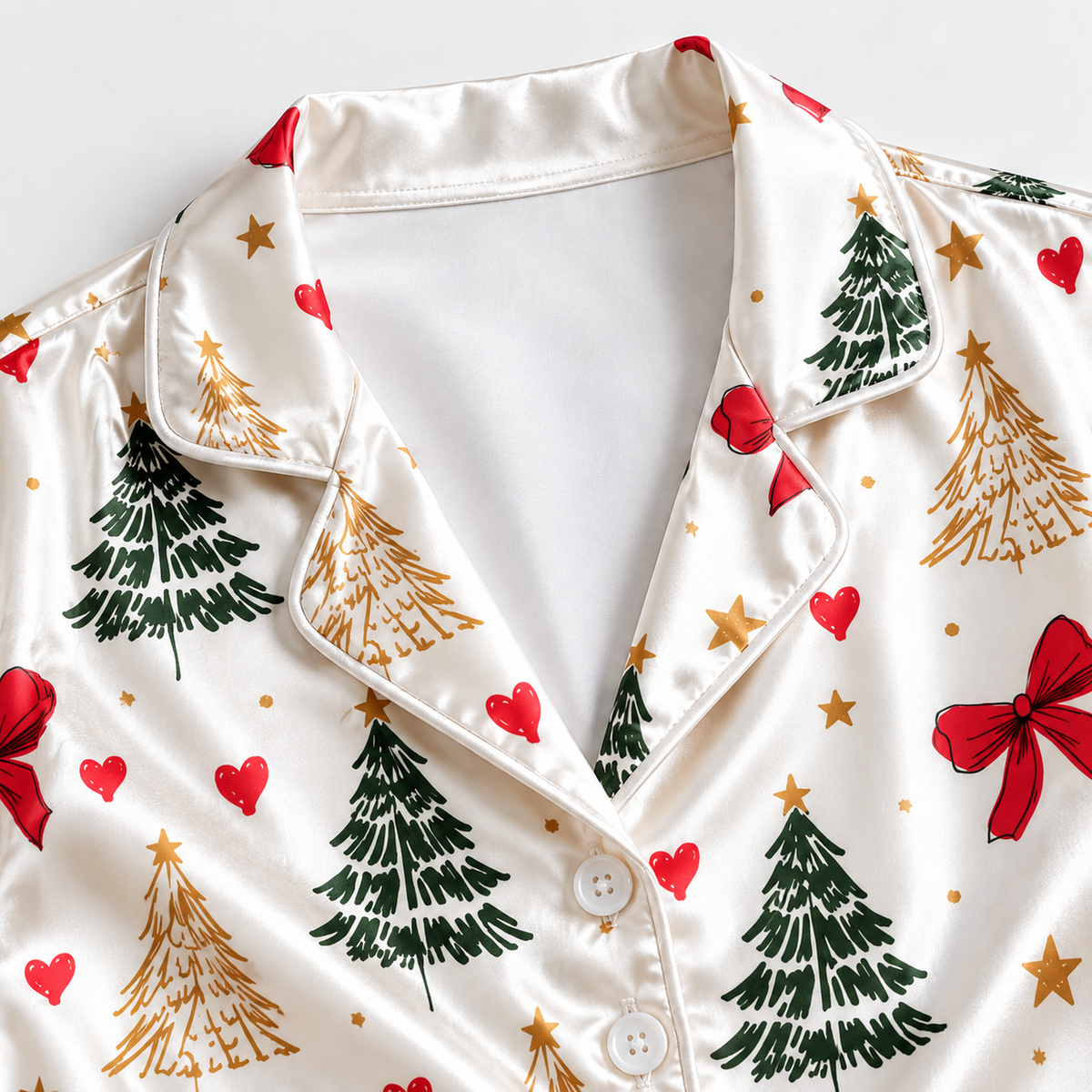 PJ-1655-Coquette Christmas Satin Pajama Set, Red Bow Christmas Tree Heart Festive Holiday Sleepwear