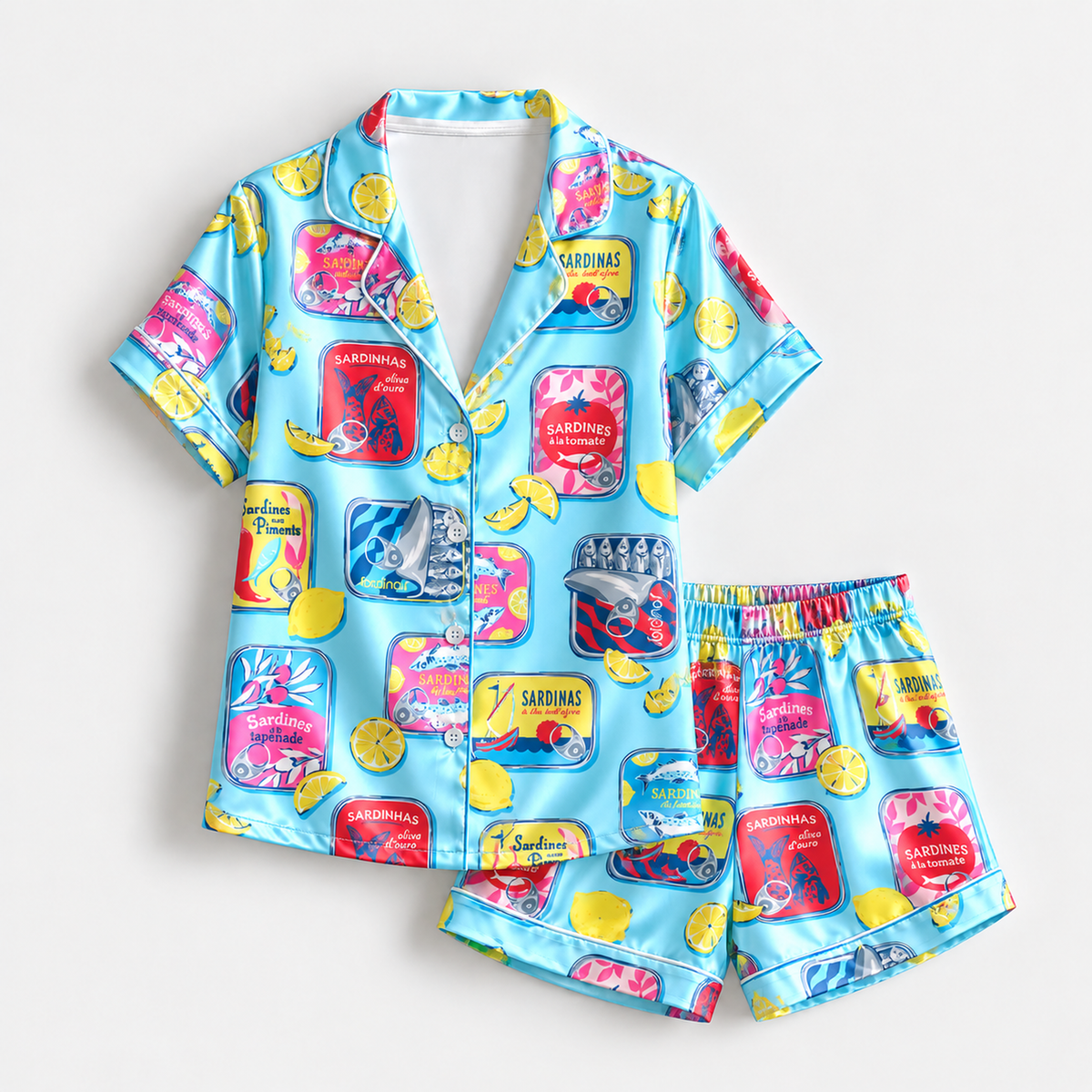 PJ-1656-Colorful Sardine Satin Pajama Set, Tinned Fish Lemon Seafood Coastal Summer Sleepwear