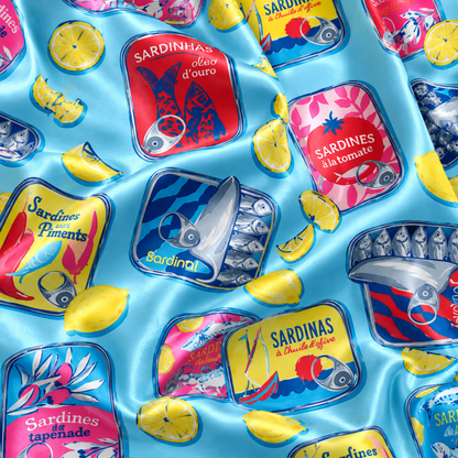 PJ-1656-Colorful Sardine Satin Pajama Set, Tinned Fish Lemon Seafood Coastal Summer Sleepwear