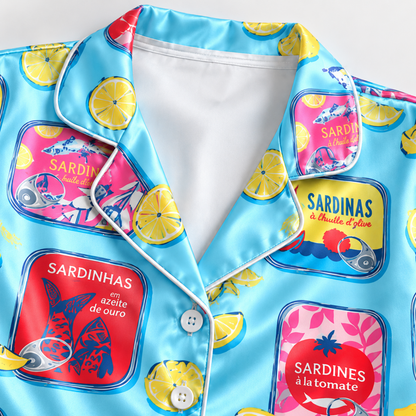 PJ-1656-Colorful Sardine Satin Pajama Set, Tinned Fish Lemon Seafood Coastal Summer Sleepwear
