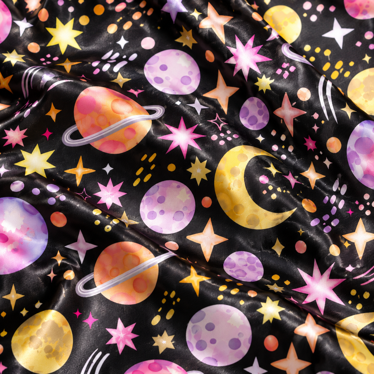 PJ-1657-Celestial Galaxy Satin Pajama Set, Colorful Planet Moon Star Cosmic Astrology Sleepwear
