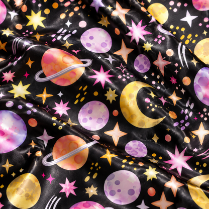 PJ-1657-Celestial Galaxy Satin Pajama Set, Colorful Planet Moon Star Cosmic Astrology Sleepwear