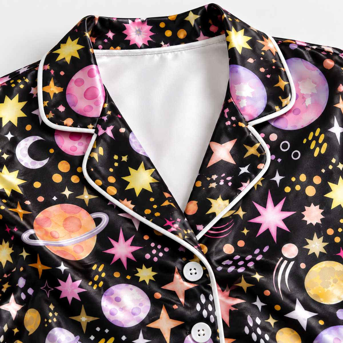 PJ-1657-Celestial Galaxy Satin Pajama Set, Colorful Planet Moon Star Cosmic Astrology Sleepwear