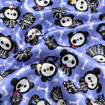 PJ-1658-Cute Skeleton Panda Satin Pajama Set, Spooky Bones Gothic Panda Halloween Sleepwear