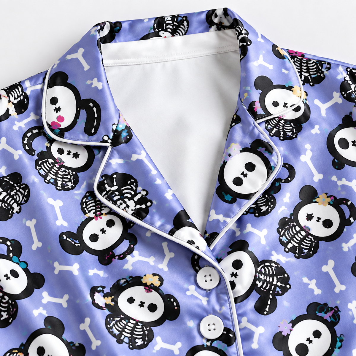 PJ-1658-Cute Skeleton Panda Satin Pajama Set, Spooky Bones Gothic Panda Halloween Sleepwear
