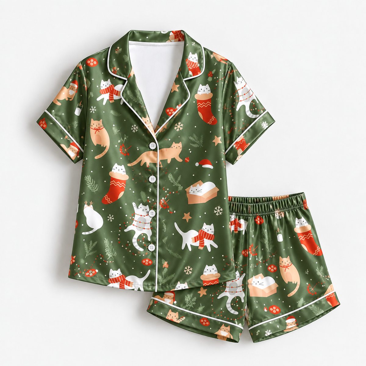 PJ-1659-Christmas Cat Satin Pajama Set, Cozy Kitty Stocking Snowflake Festive Holiday Sleepwear