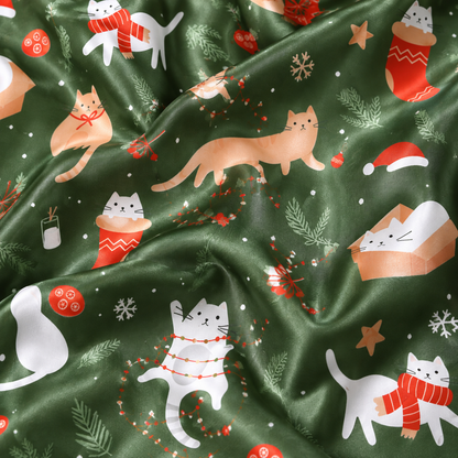 PJ-1659-Christmas Cat Satin Pajama Set, Cozy Kitty Stocking Snowflake Festive Holiday Sleepwear