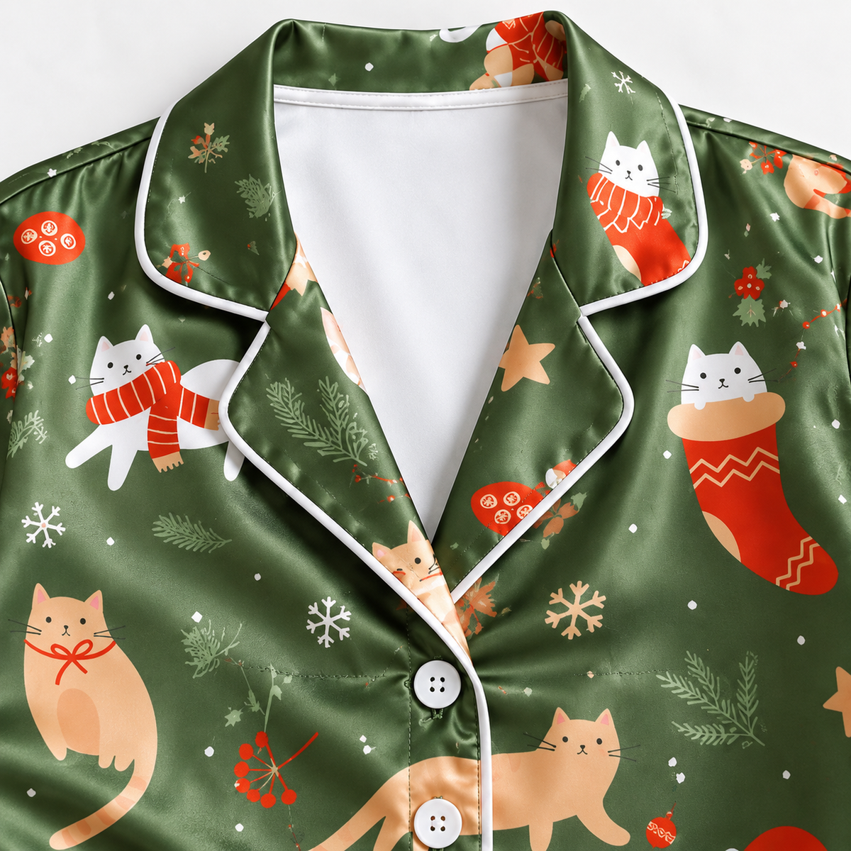 PJ-1659-Christmas Cat Satin Pajama Set, Cozy Kitty Stocking Snowflake Festive Holiday Sleepwear