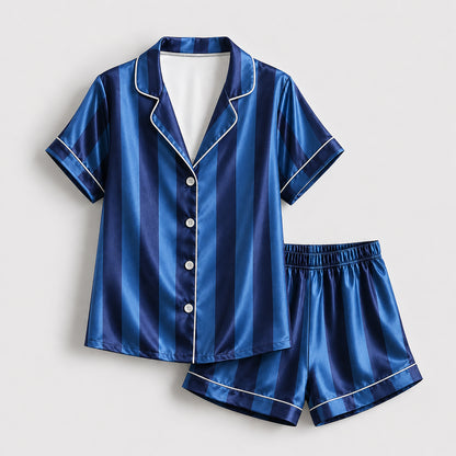 PJ-165-Unisex Satin Pajama Set with Colorful Striped Print Button Down Sleepwear Shirt and Bottoms FREE SHIPING