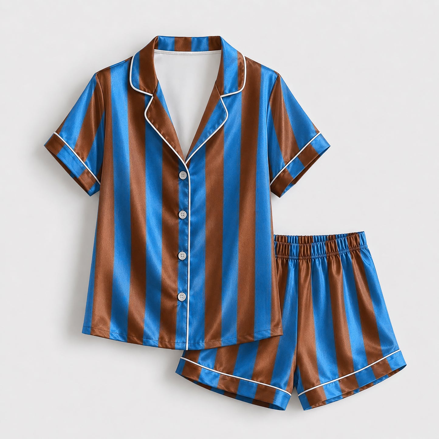 PJ-165-Unisex Satin Pajama Set with Colorful Striped Print Button Down Sleepwear Shirt and Bottoms FREE SHIPING