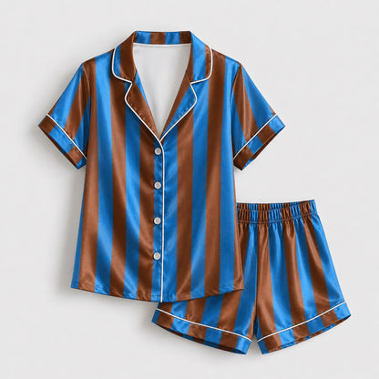 PJ-165-Unisex Satin Pajama Set with Colorful Striped Print Button Down Sleepwear Shirt and Bottoms FREE SHIPING