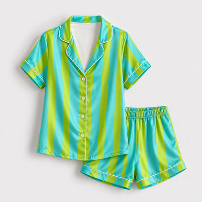 PJ-165-Unisex Satin Pajama Set with Colorful Striped Print Button Down Sleepwear Shirt and Bottoms FREE SHIPING