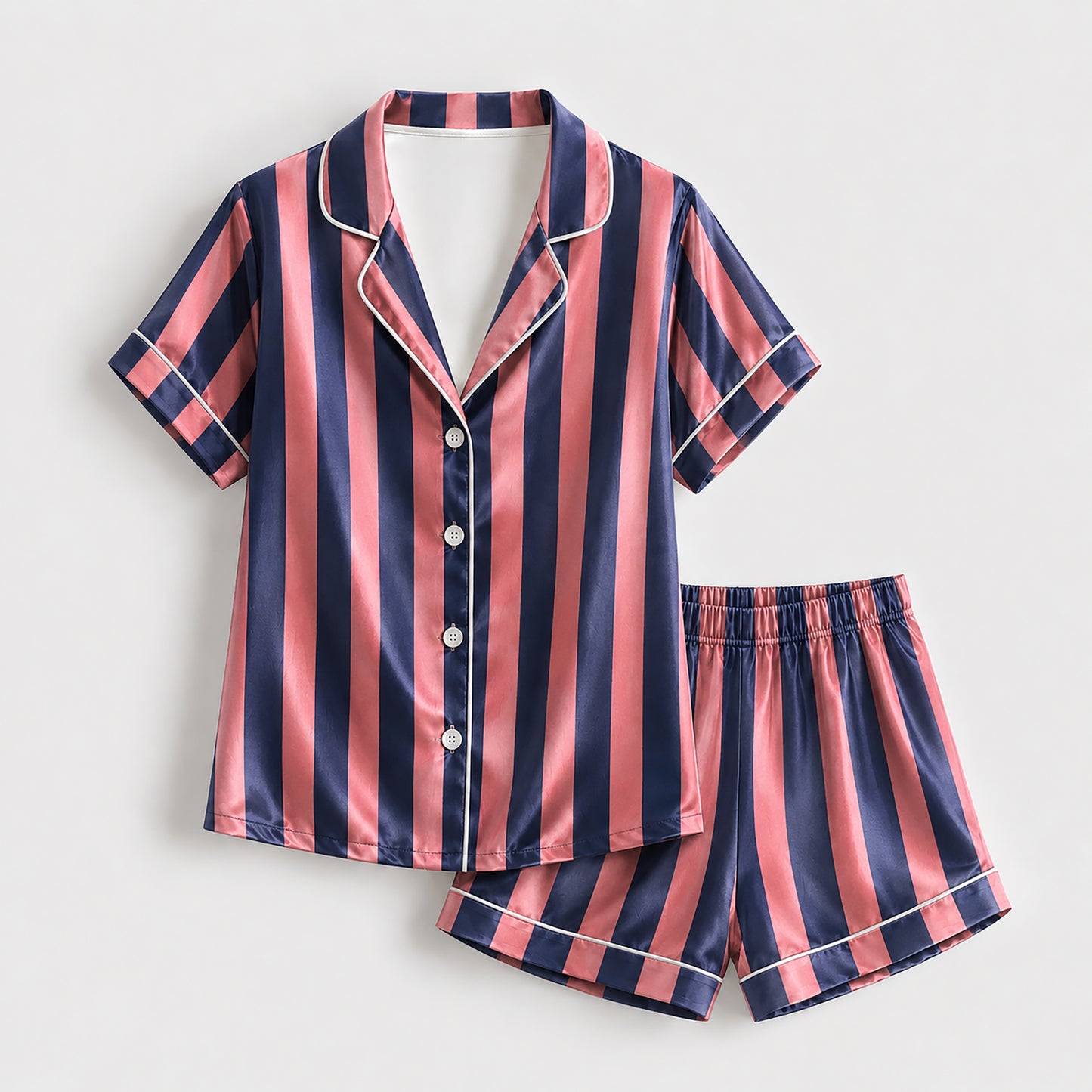 PJ-165-Unisex Satin Pajama Set with Colorful Striped Print Button Down Sleepwear Shirt and Bottoms FREE SHIPING