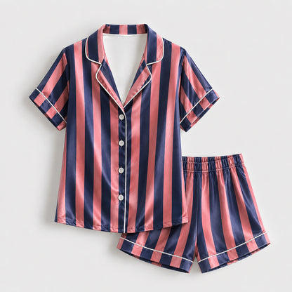 PJ-165-Unisex Satin Pajama Set with Colorful Striped Print Button Down Sleepwear Shirt and Bottoms FREE SHIPING