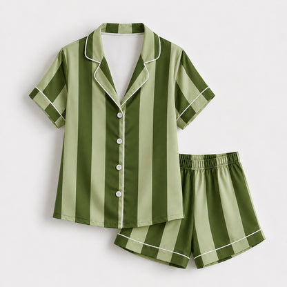 PJ-165-Unisex Satin Pajama Set with Colorful Striped Print Button Down Sleepwear Shirt and Bottoms FREE SHIPING