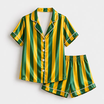 PJ-165-Unisex Satin Pajama Set with Colorful Striped Print Button Down Sleepwear Shirt and Bottoms FREE SHIPING