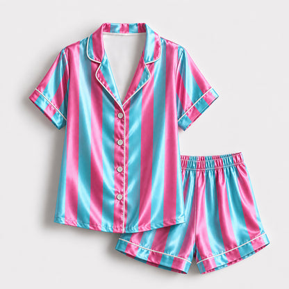 PJ-165-Unisex Satin Pajama Set with Colorful Striped Print Button Down Sleepwear Shirt and Bottoms FREE SHIPING