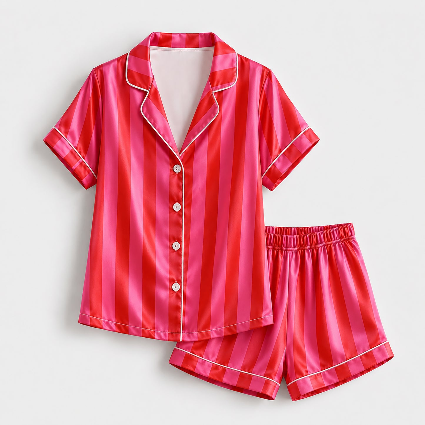 PJ-165-Unisex Satin Pajama Set with Colorful Striped Print Button Down Sleepwear Shirt and Bottoms FREE SHIPING