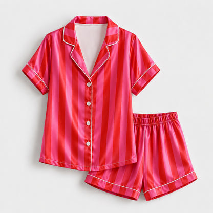 PJ-165-Unisex Satin Pajama Set with Colorful Striped Print Button Down Sleepwear Shirt and Bottoms FREE SHIPING
