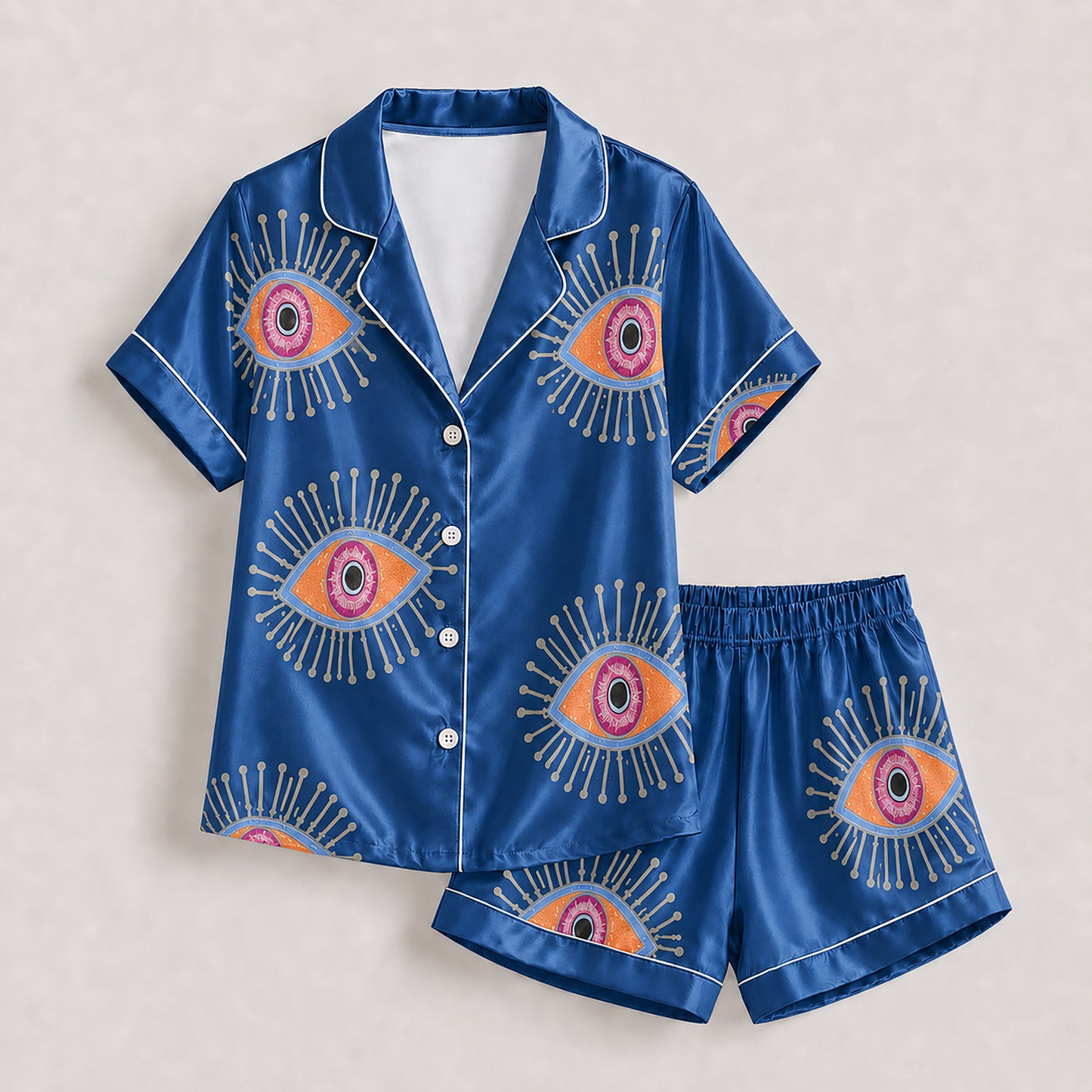PJ-166-Unisex Satin Pajama Set with Evil Eye Boho Print Button Down Sleepwear Shirt and Bottoms FREE SHIPING