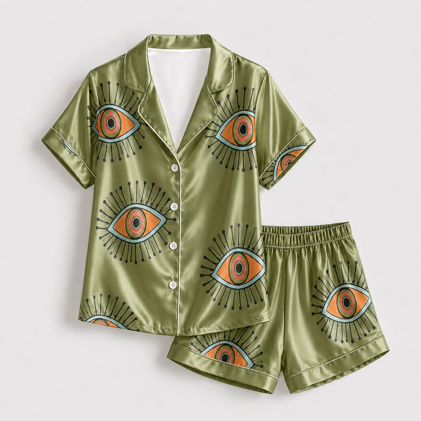 PJ-166-Unisex Satin Pajama Set with Evil Eye Boho Print Button Down Sleepwear Shirt and Bottoms FREE SHIPING