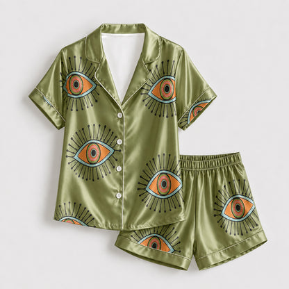 PJ-166-Unisex Satin Pajama Set with Evil Eye Boho Print Button Down Sleepwear Shirt and Bottoms FREE SHIPING
