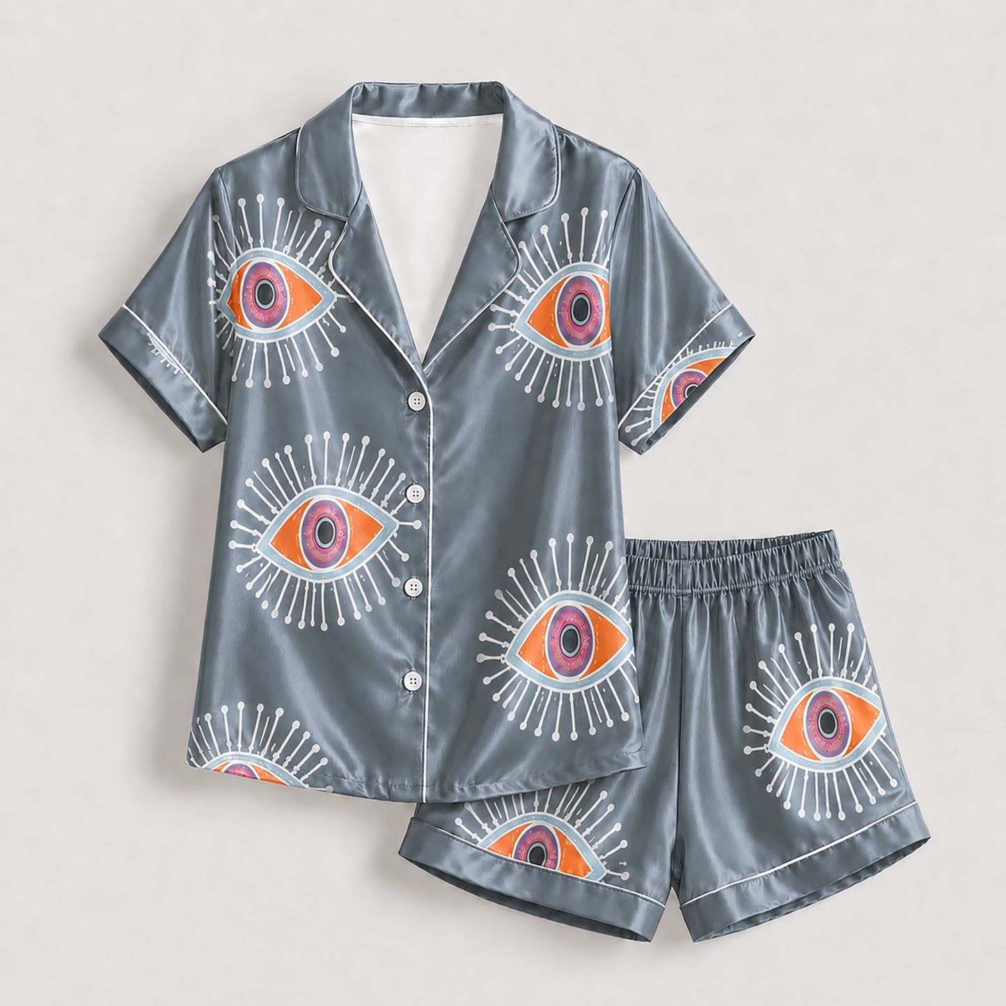 PJ-166-Unisex Satin Pajama Set with Evil Eye Boho Print Button Down Sleepwear Shirt and Bottoms FREE SHIPING