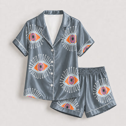PJ-166-Unisex Satin Pajama Set with Evil Eye Boho Print Button Down Sleepwear Shirt and Bottoms FREE SHIPING