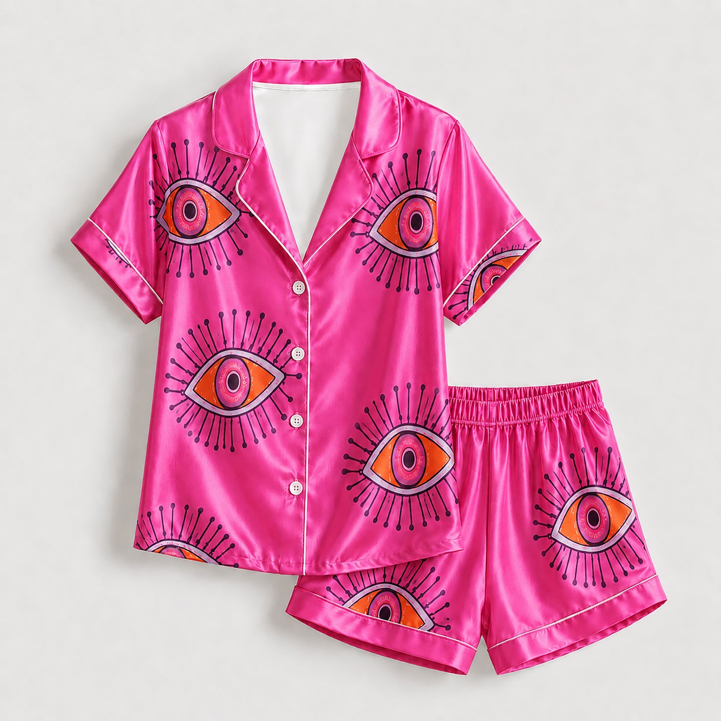 PJ-166-Unisex Satin Pajama Set with Evil Eye Boho Print Button Down Sleepwear Shirt and Bottoms FREE SHIPING