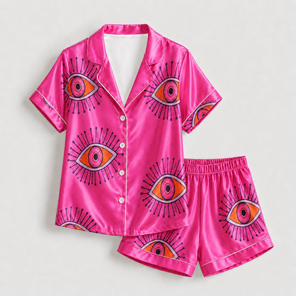PJ-166-Unisex Satin Pajama Set with Evil Eye Boho Print Button Down Sleepwear Shirt and Bottoms FREE SHIPING