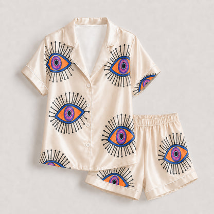 PJ-166-Unisex Satin Pajama Set with Evil Eye Boho Print Button Down Sleepwear Shirt and Bottoms FREE SHIPING
