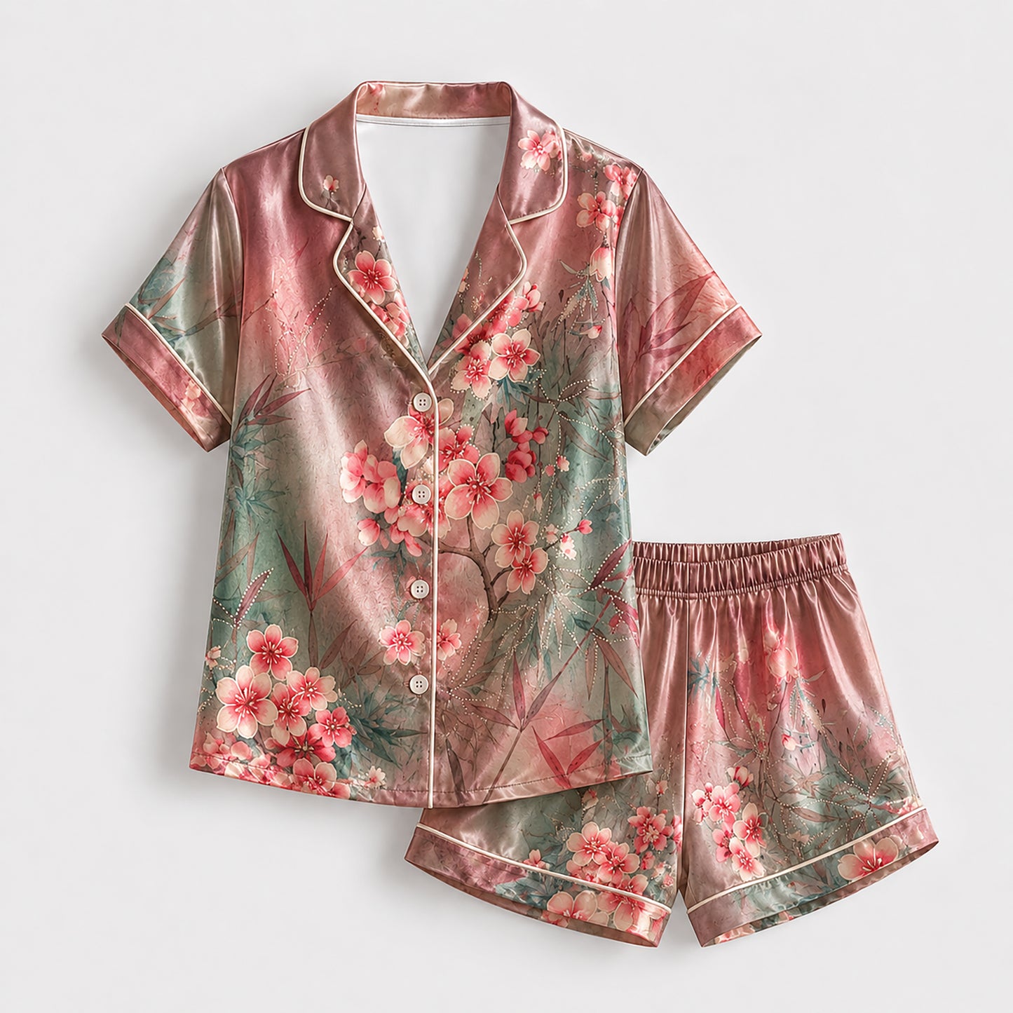 PJ-169-Satin Ombre Rose Cherry Blossom White Piping Button Up Pajama Set FREE SHIPING